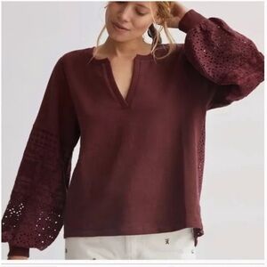 Anthropologie Plum Wine Y-Neck Sheer Eyelet Lace Sweatshirt Puffy Sleeves XS